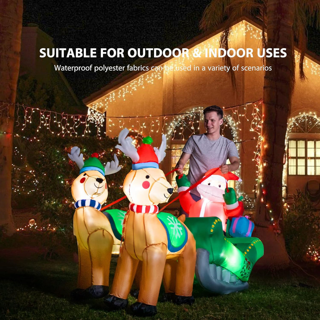 6.9ft Christmas Inflatable Santa on Sleigh with Reindeers and Gift Boxes H60650
