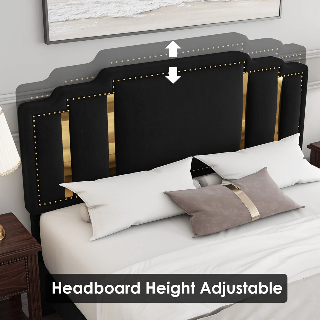 Queen Bed Frame, Velvet Upholstered Headboard with Golden Iron Sheet, Black Y30260