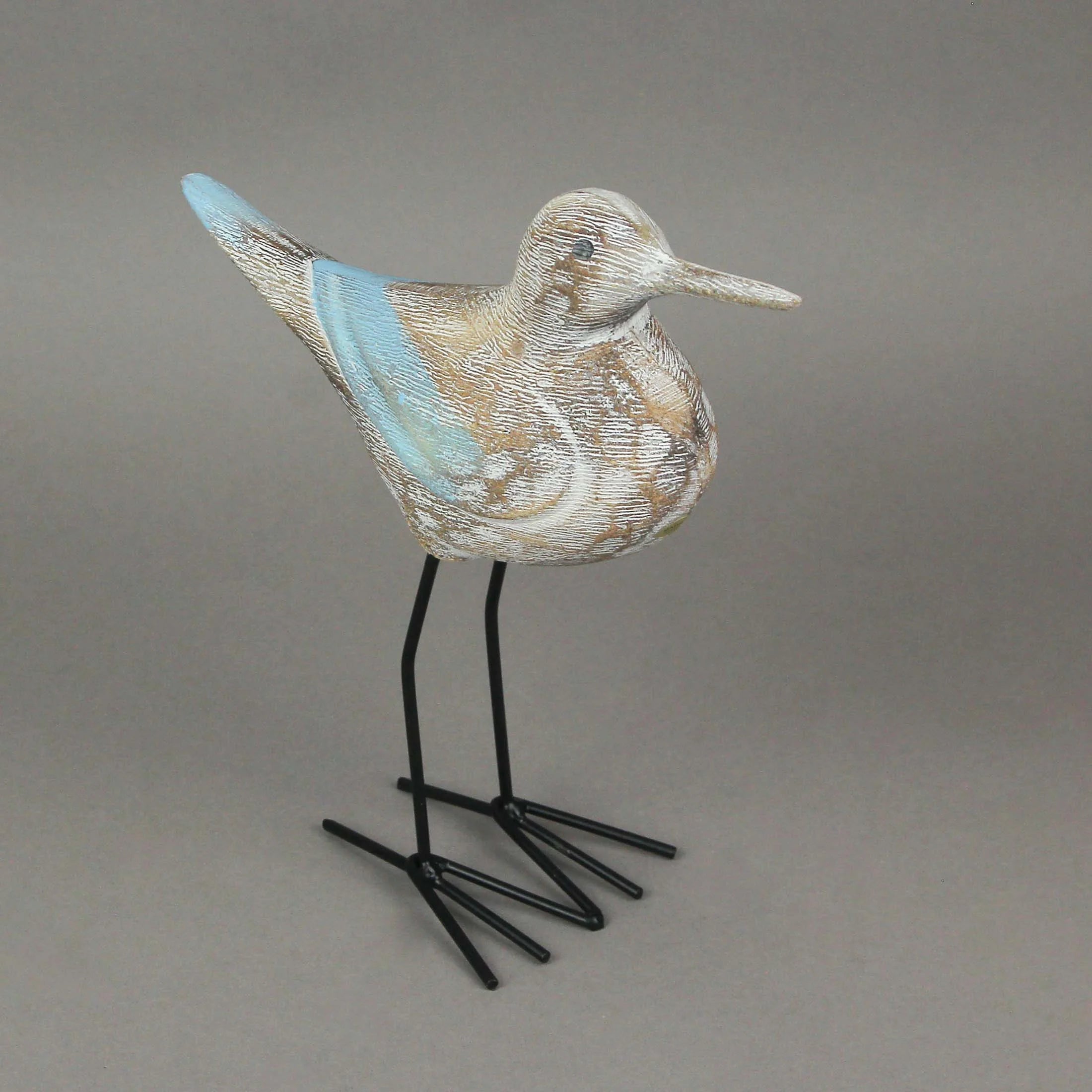 Carved Wood and Metal Sandpiper Shorebird Statue Coastal Accent B789