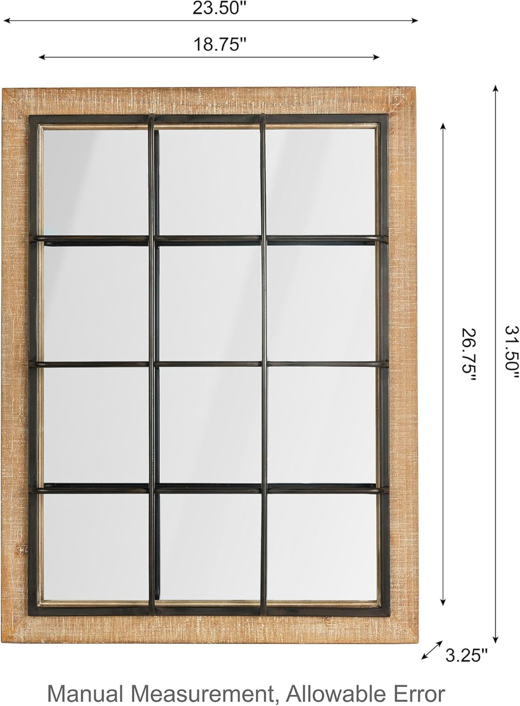 Windowpane Wall Mirror 24 x 32, Farmhouse Rectangle Wood and Metal Frame Wall Decor D308086