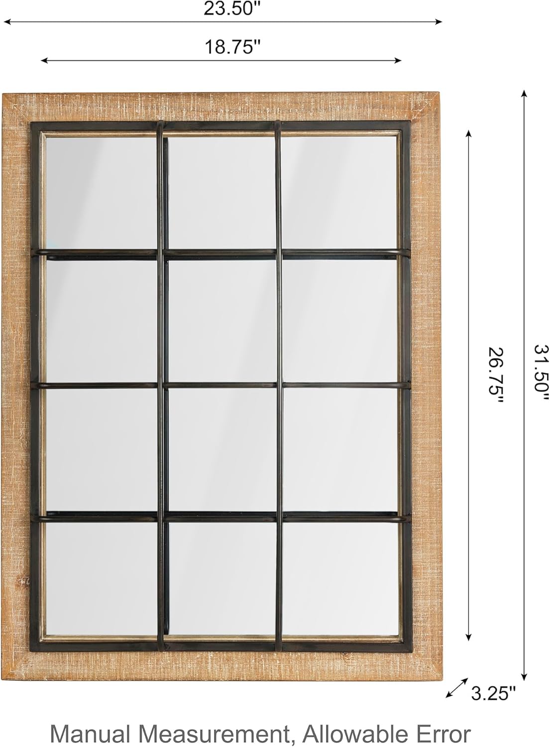 Windowpane Wall Mirror 24 x 32, Farmhouse Rectangle Wood and Metal Frame Wall Decor D308086