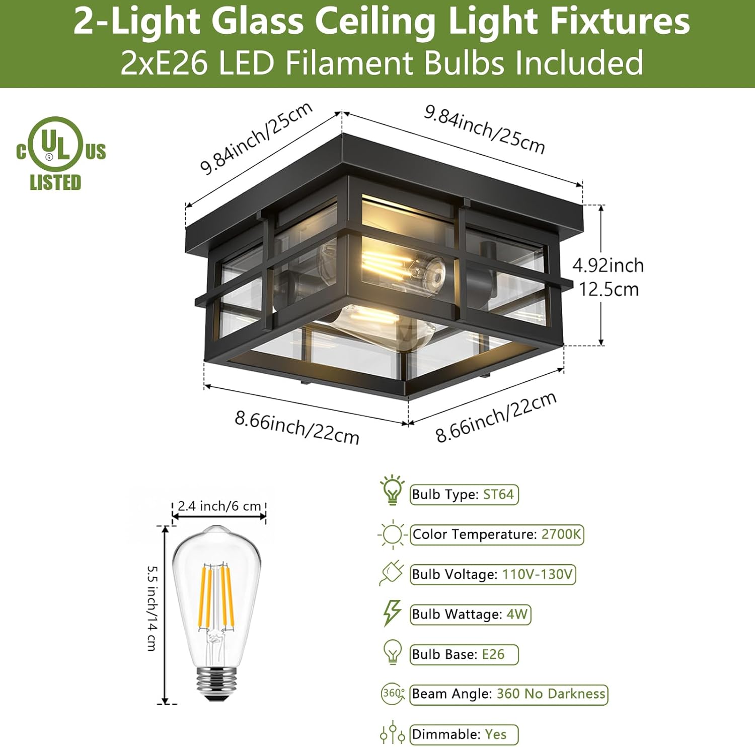 Modern Outdoor Ceiling Light Fixtures, 2-Light Black Flush Mount with Clear Glass Shade C16423