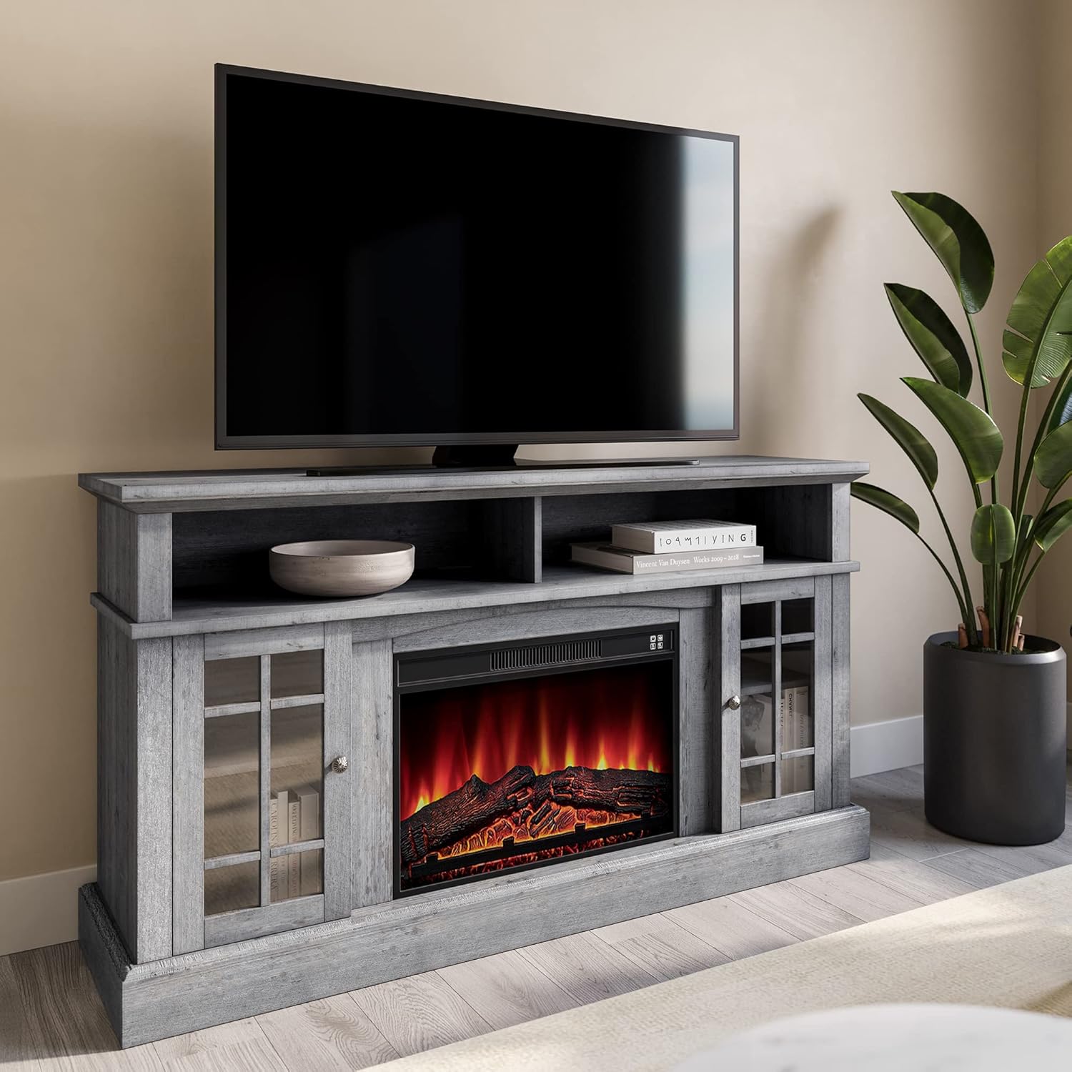 Rustic Electric Fireplace TV Stand for TVs up to 65 Inches with Storage Shelves and Cabinets H41004