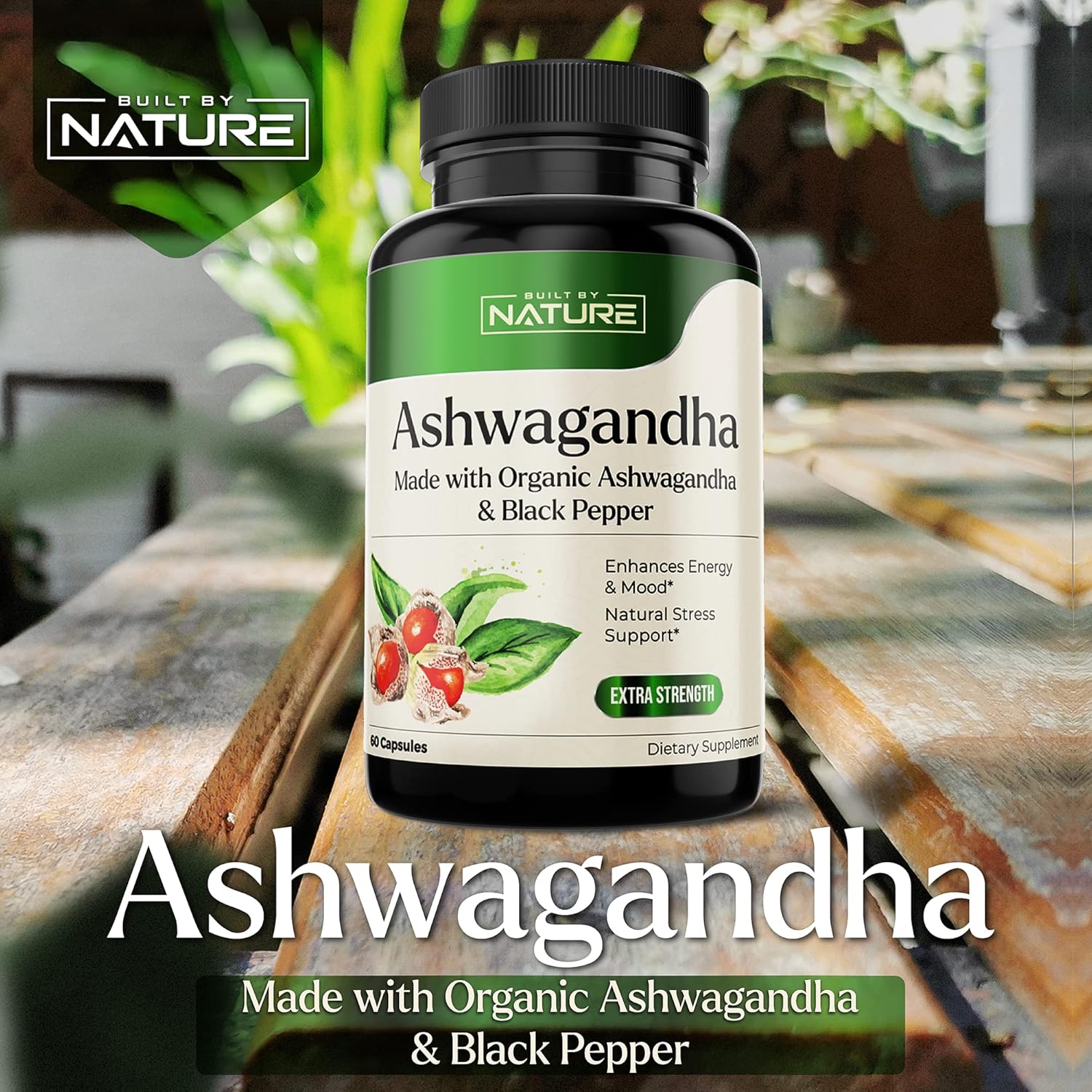 Ashwagandha with Black Pepper Supplement, Non-GMO, Gluten-Free, 60 Vegan Capsules F5710