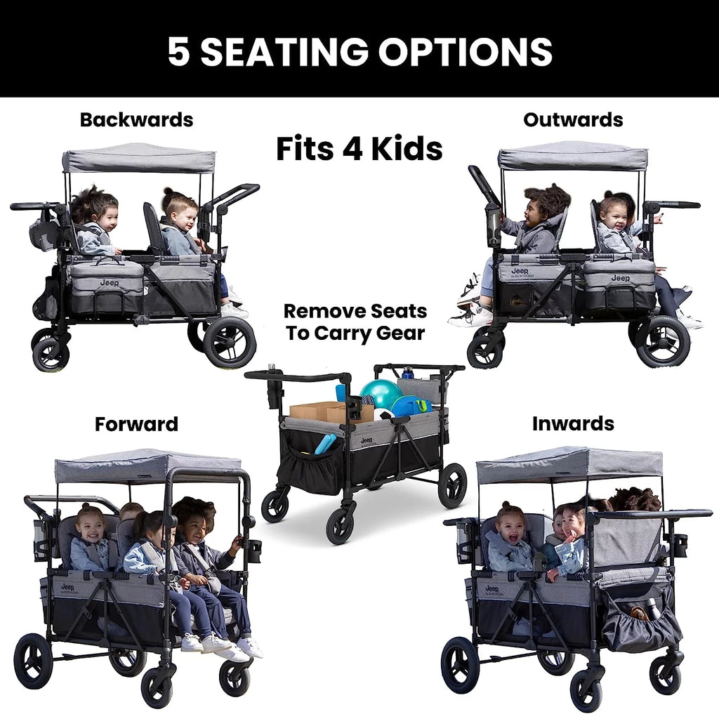 4 Seater Stroller Wagon with Convertible Seats, Adjustable Handles, Removable Canopy, Flat Fold J737378