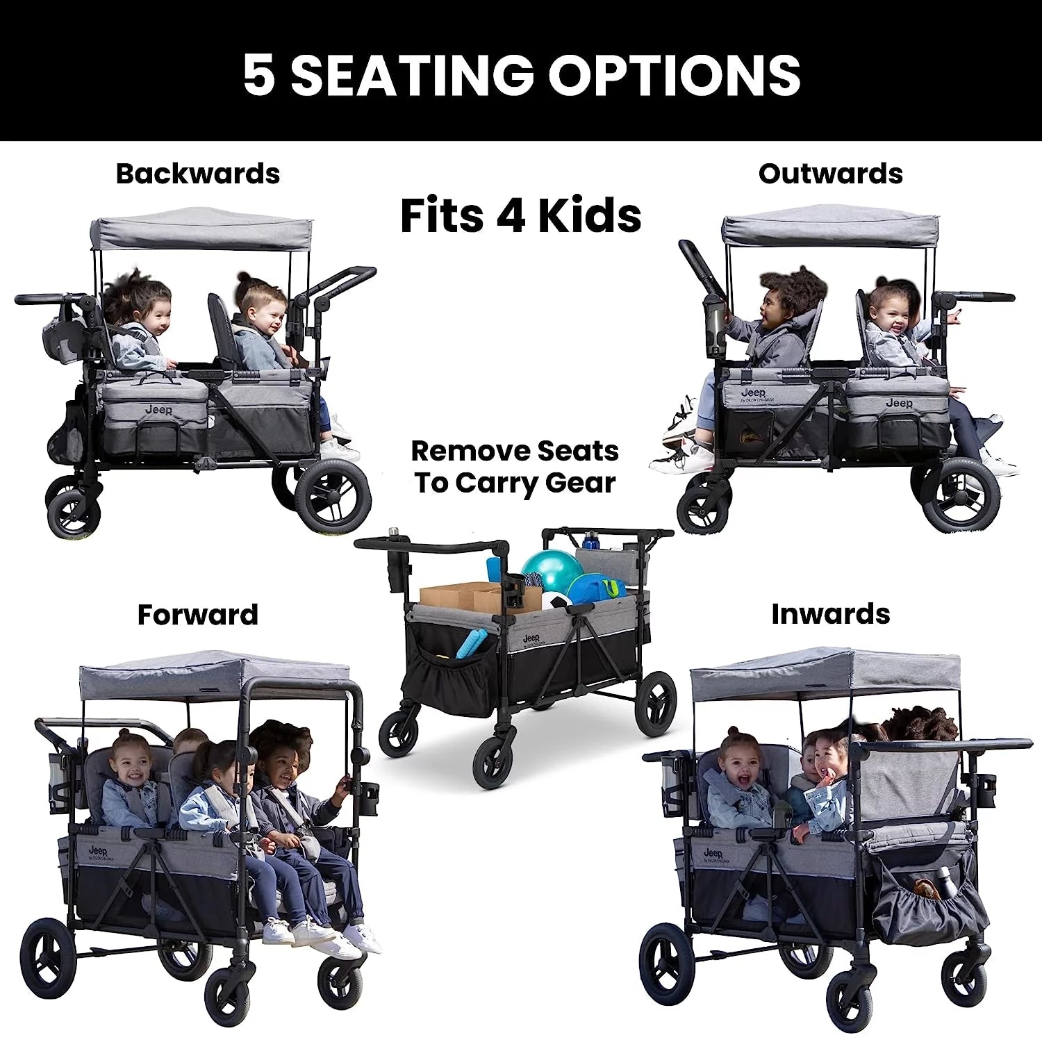 4 Seater Stroller Wagon with Convertible Seats, Adjustable Handles, Removable Canopy, Flat Fold J737378