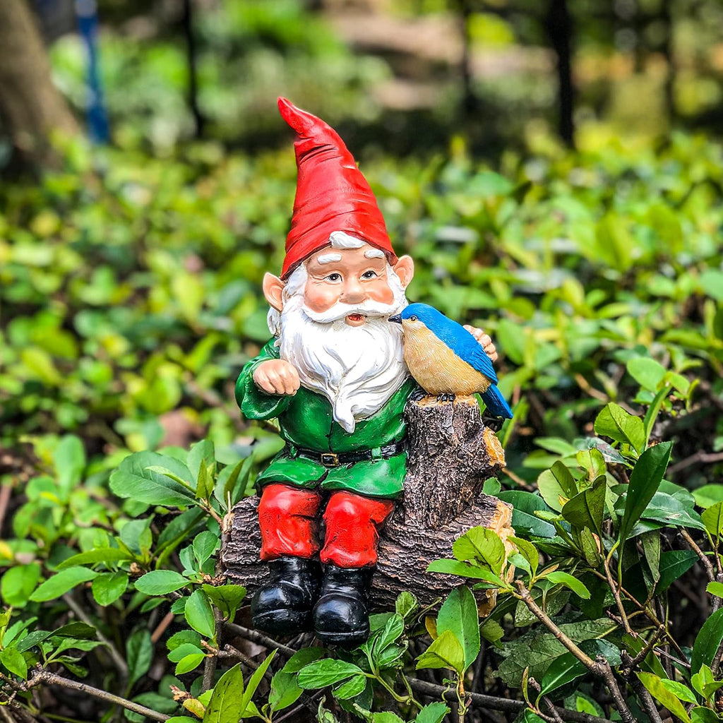 Outdoor Gnome Statue with Bird for Garden Patio Lawn Decor W262