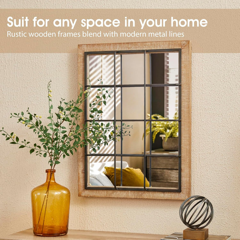 Windowpane Wall Mirror 24 x 32, Farmhouse Rectangle Wood and Metal Frame Wall Decor D308086