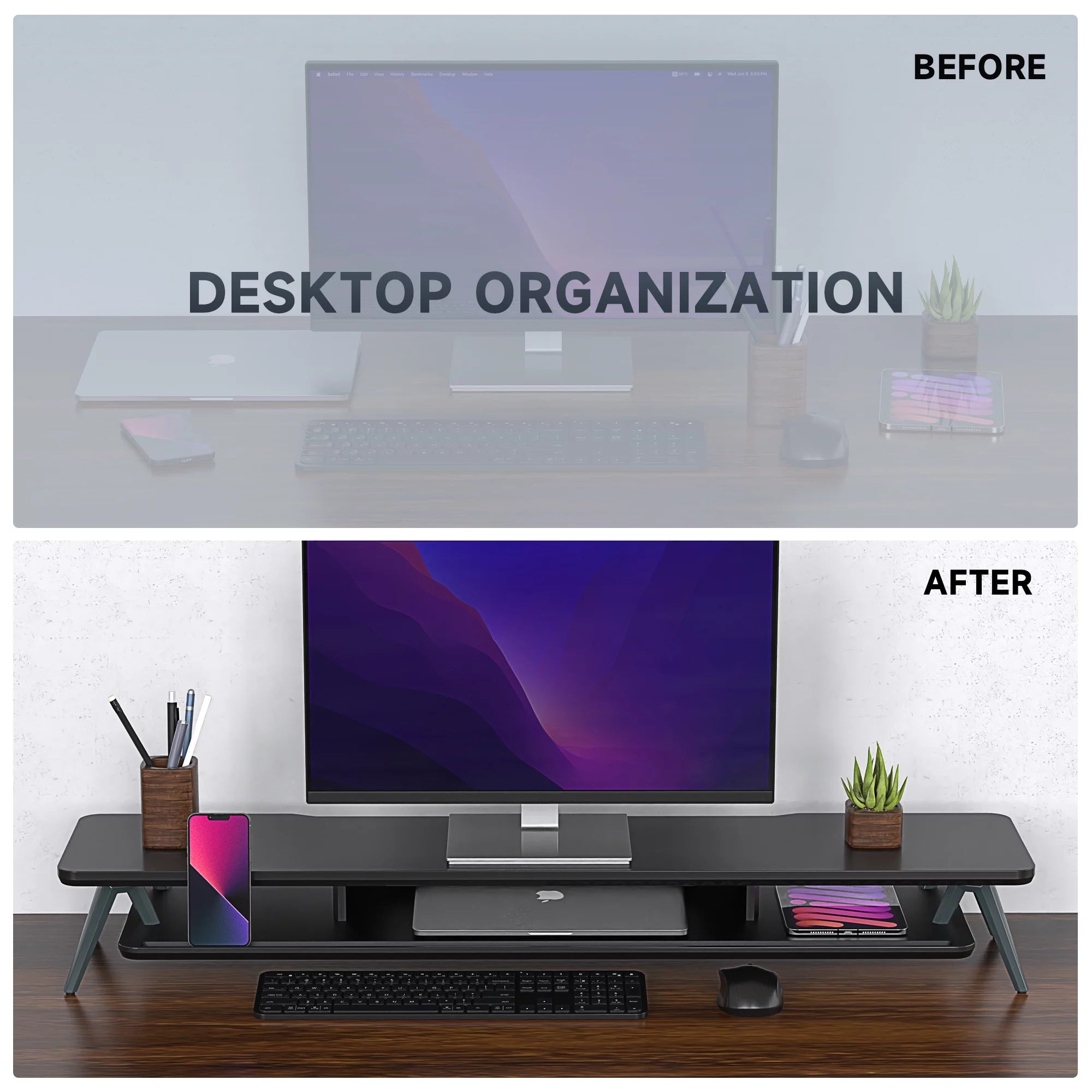 Dual Monitor Stand Riser 42.5 Inch Desk Shelf with Storage Organizer Y7352