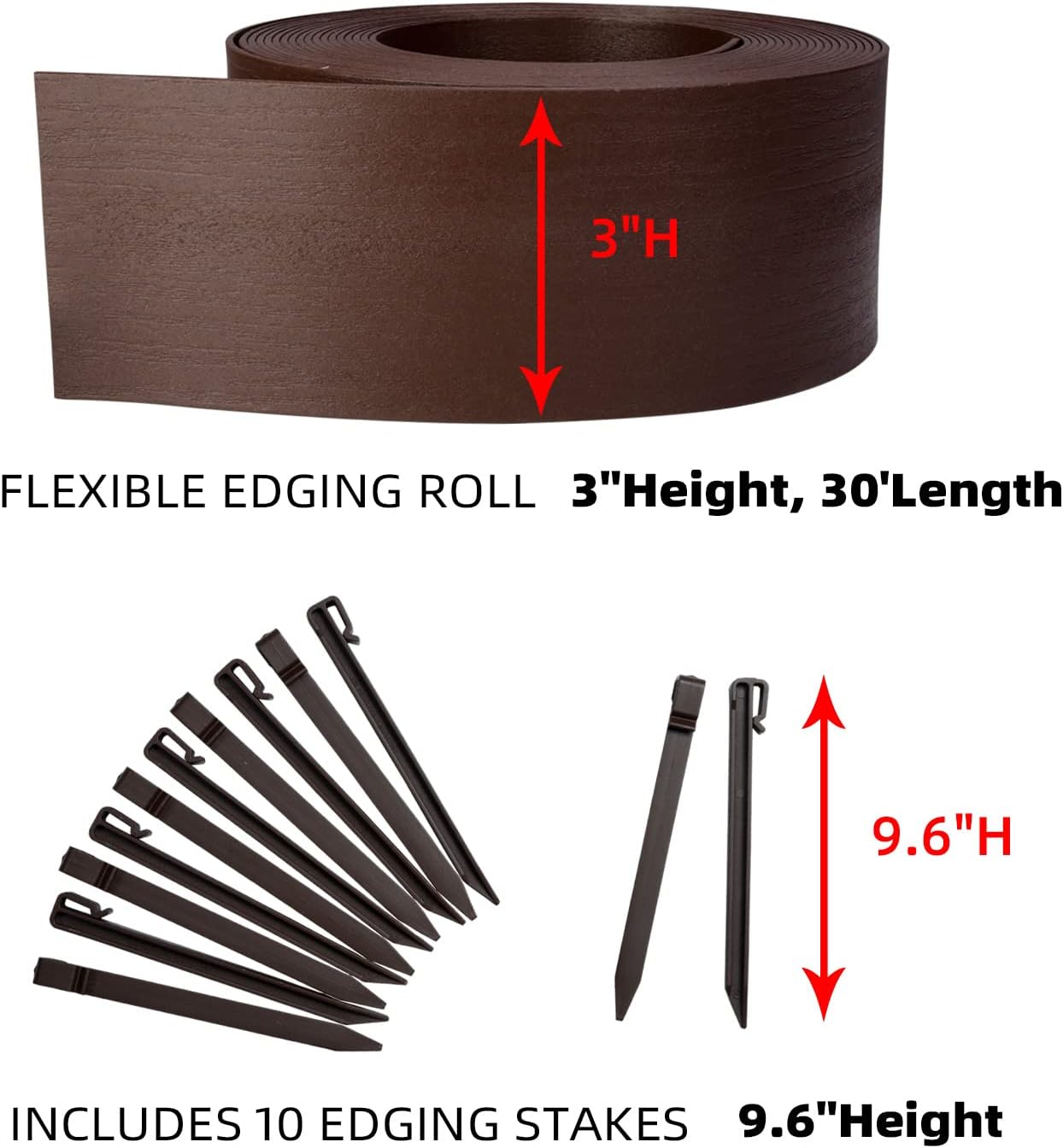 Landscape Edging Coil 40 ft, 5 in Height, with Stakes, Wood Grain, Brown V563