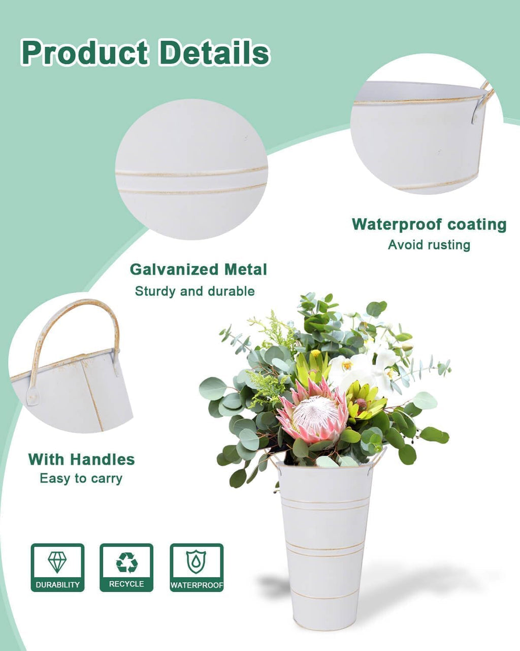 Galvanized Metal Vases with Handles for Flowers, Rustic Bucket Planters R1442