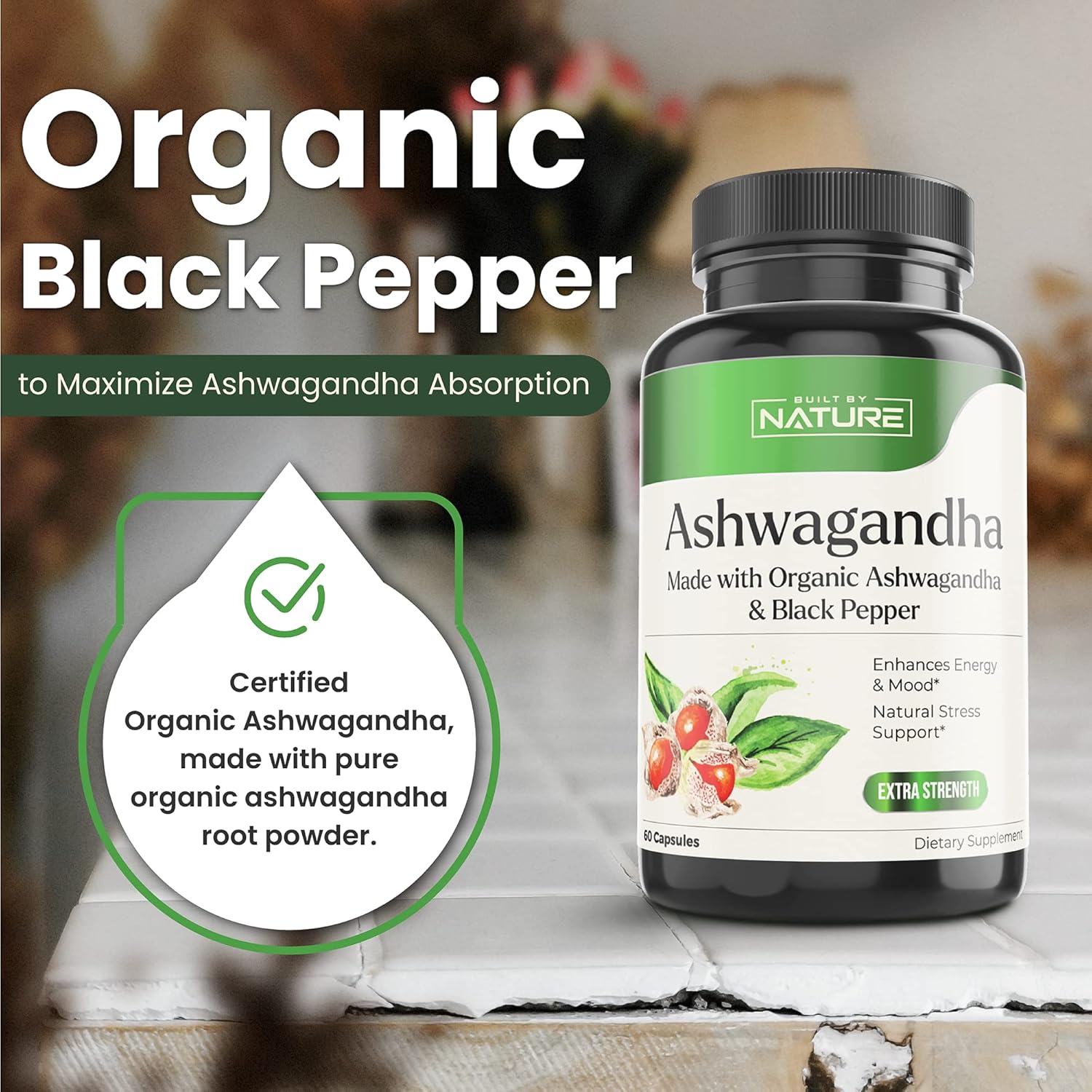 Ashwagandha with Black Pepper Supplement, Non-GMO, Gluten-Free, 60 Vegan Capsules F5710
