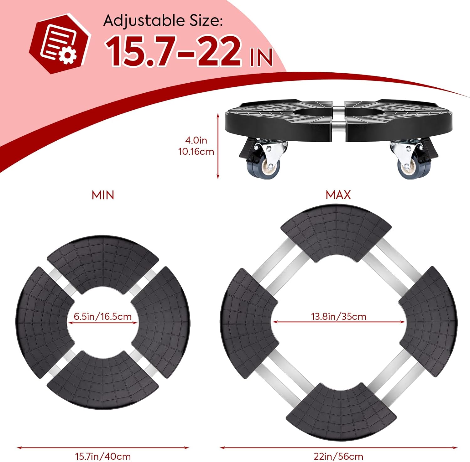 Plant Caddy with Wheels Heavy Duty, Adjustable 15.7-22in, Dual Lockable Casters U521