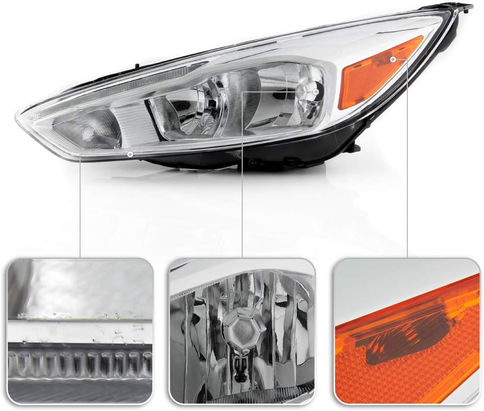 Chrome Housing Headlights for 2015-2018 Ford Focus Halogen Model w/ LED DRL B135