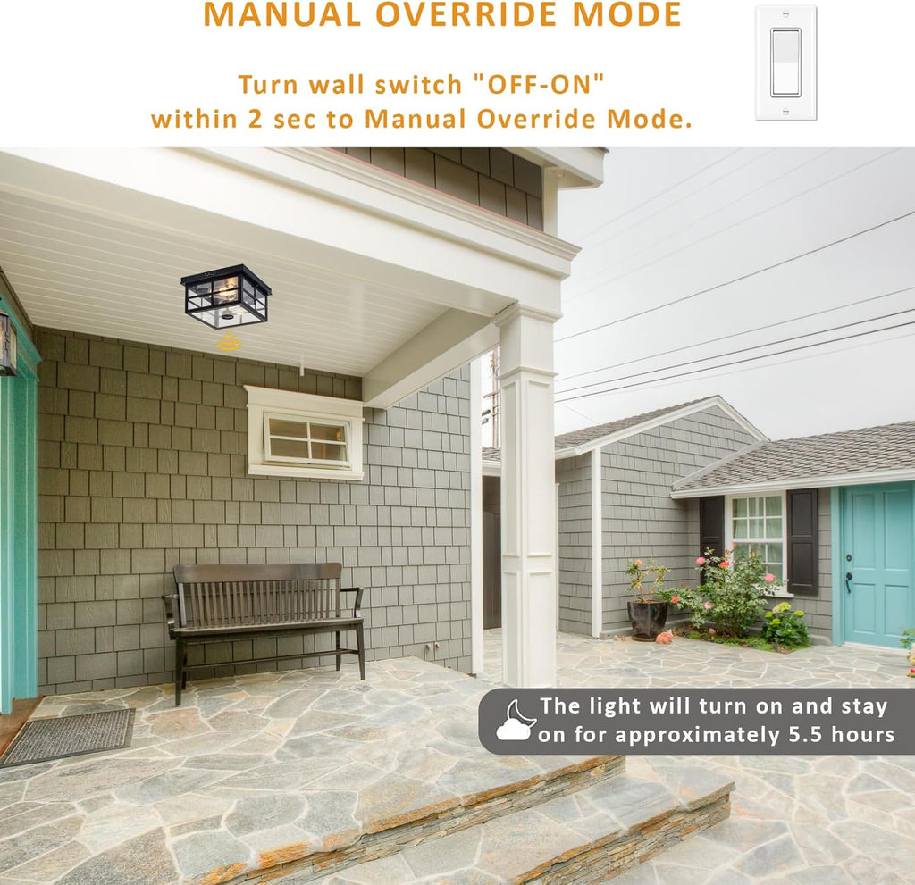 Outdoor Ceiling Light with Motion Sensor, 2-Light Flush Mount, Dusk to Dawn, Clear Glass W848052