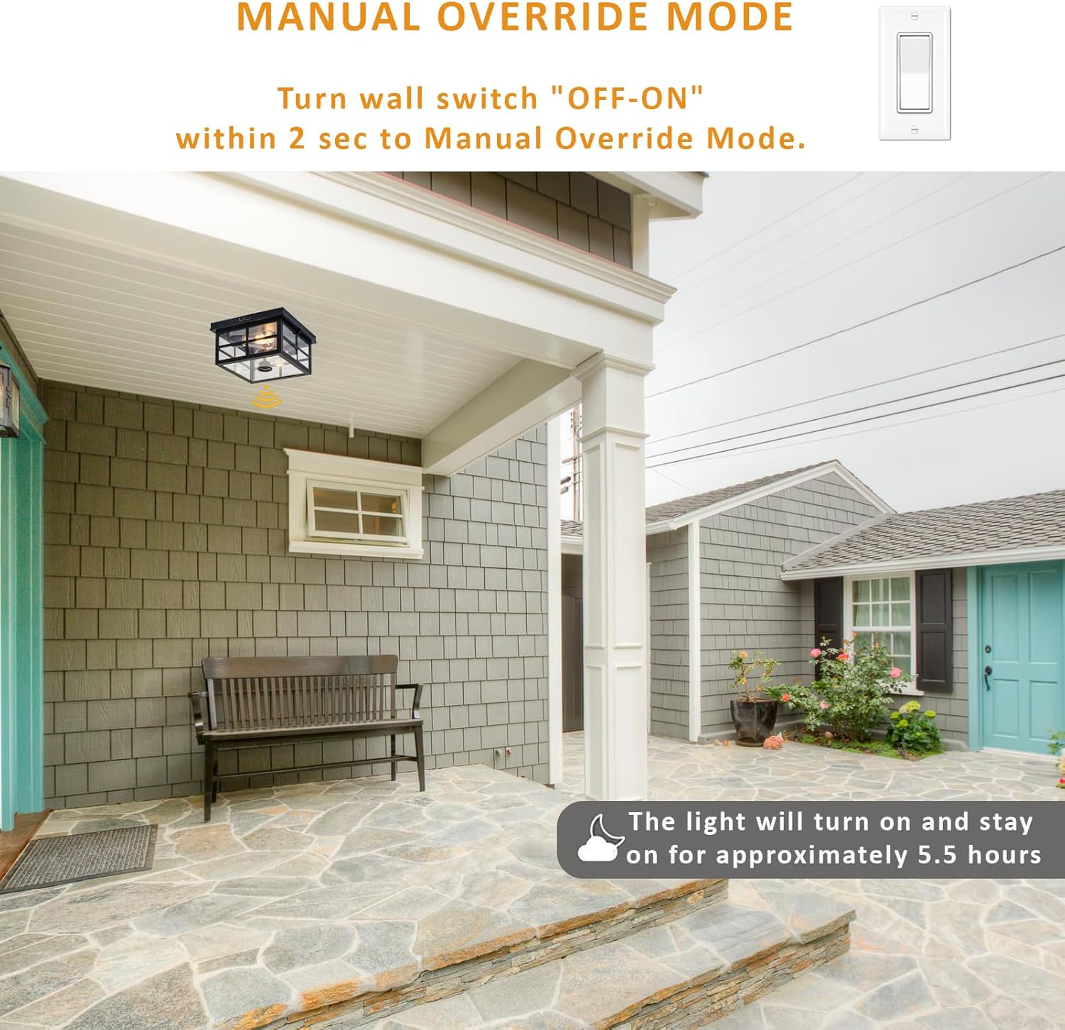 Outdoor Ceiling Light with Motion Sensor, 2-Light Flush Mount, Dusk to Dawn, Clear Glass W848052