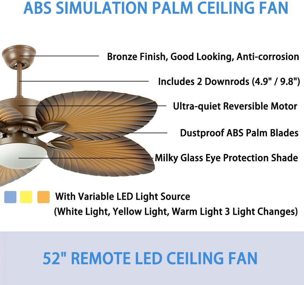 Tropical Palm Ceiling Fan with LED Light, 52 Inch T134