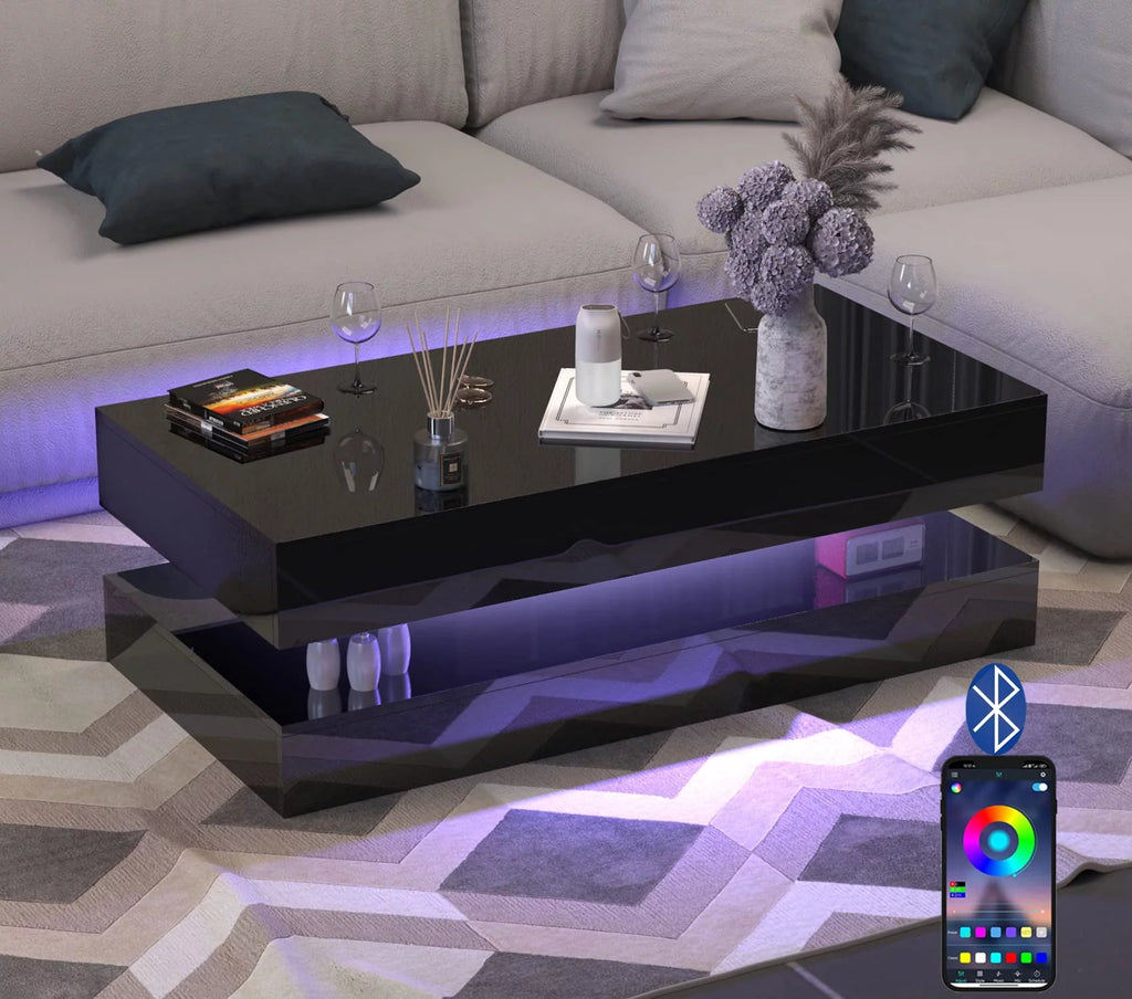 LED Coffee Table with 2 Storage Drawers, High Gloss Black, APP Control A69449