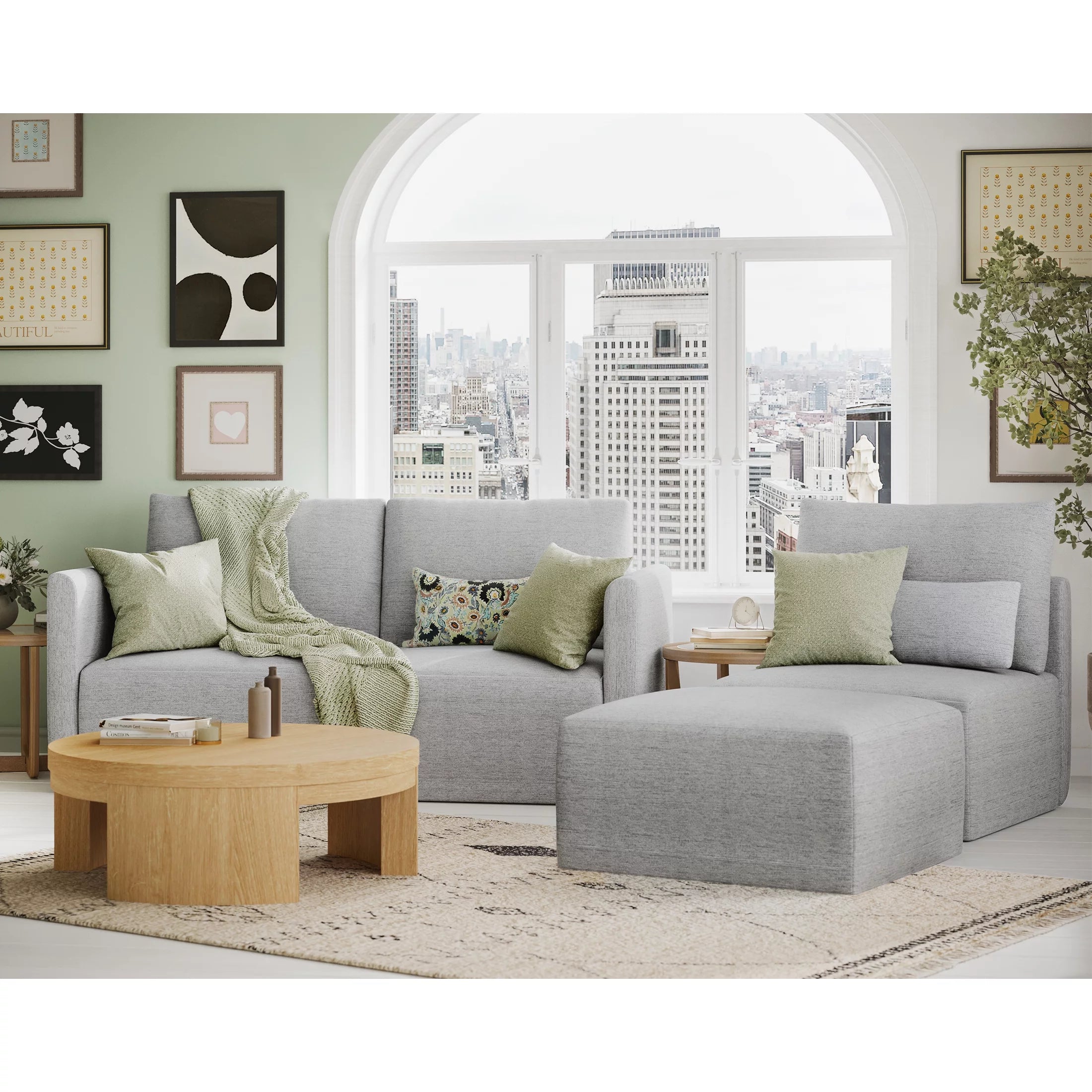 Modular Sectional Sofa with Ottoman, Gray Fabric C120