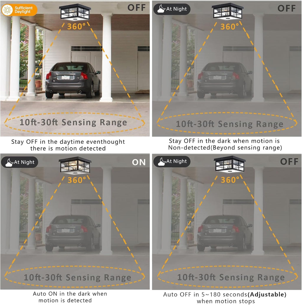 Outdoor Ceiling Light with Motion Sensor, 2-Light Flush Mount, Dusk to Dawn, Clear Glass W848052