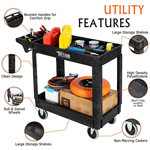 Plastic Service Utility Cart with 550lbs Capacity, Heavy Duty Rolling 2-Tier Storage Organizer W832