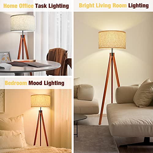 Wood Tripod Floor Lamp, 3 Color Temperatures, Tall Standing Lamp for Living Room Bedroom Office D4024