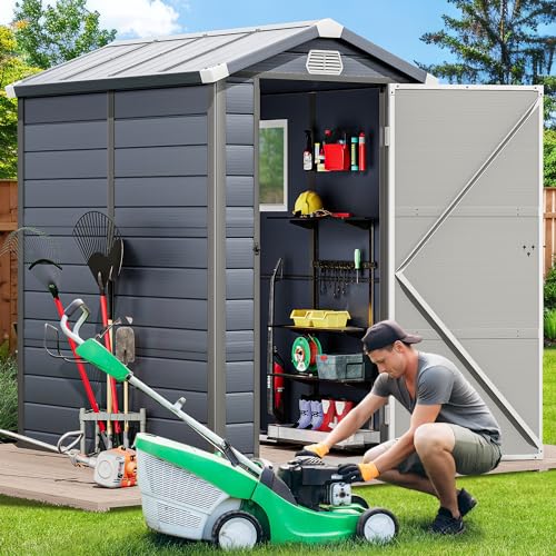 Light Gray Resin Tool Shed, 36 Cu Ft Waterproof Outdoor Horizontal Storage with Lockable Doors P55427