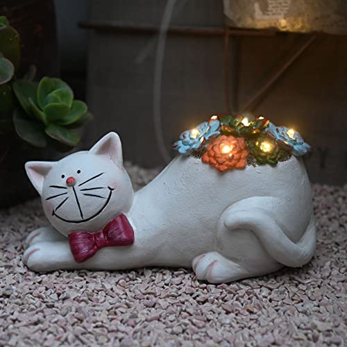 Solar Cat Statue Garden Decor for Yard Lawn J9481