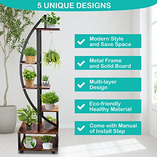 6 Tier Tall Metal Plant Stand with Hanging Loop, Half Moon Ladder Shelf for Indoor Outdoor Q5267