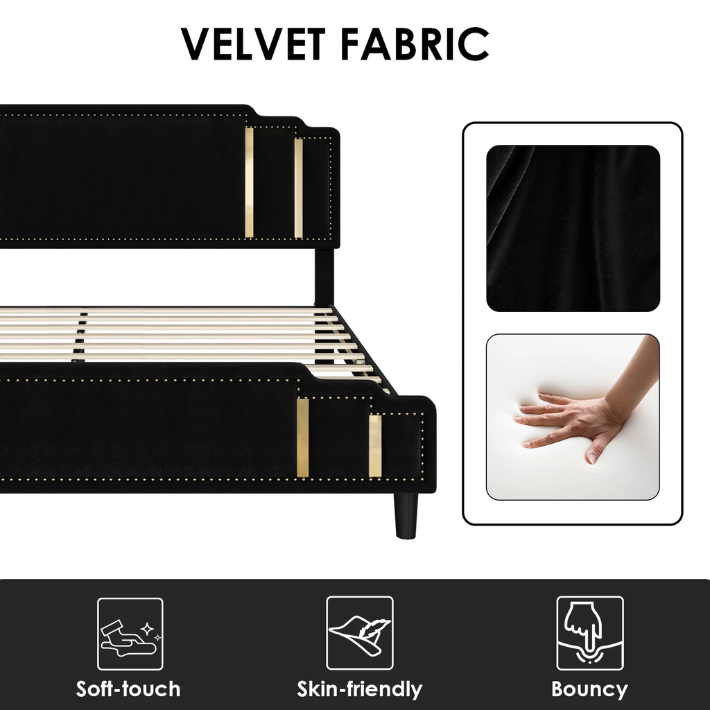 Queen Bed Frame, Velvet Upholstered Headboard with Golden Iron Sheet, Black Y30260