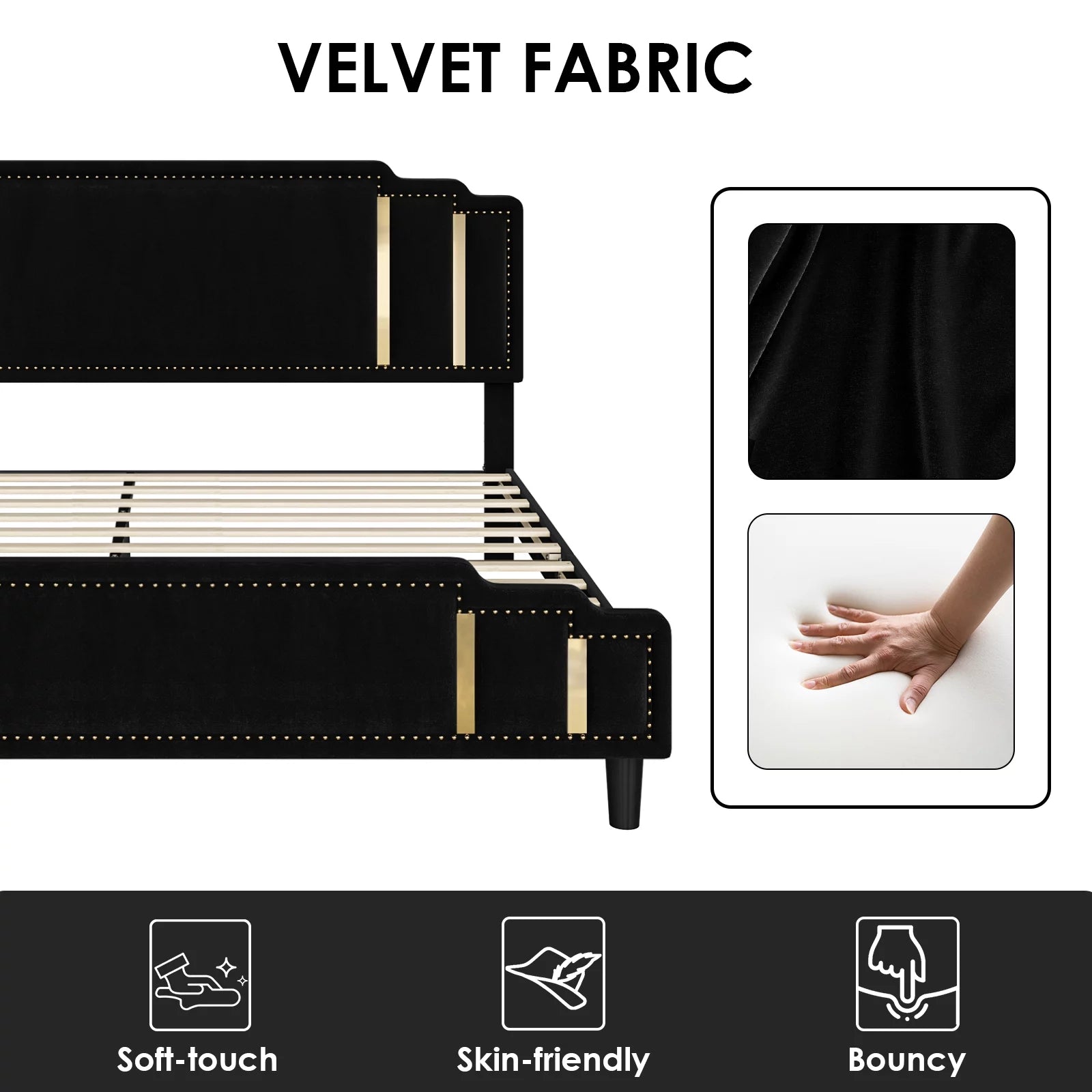 Queen Bed Frame, Velvet Upholstered Headboard with Golden Iron Sheet, Black Y30260