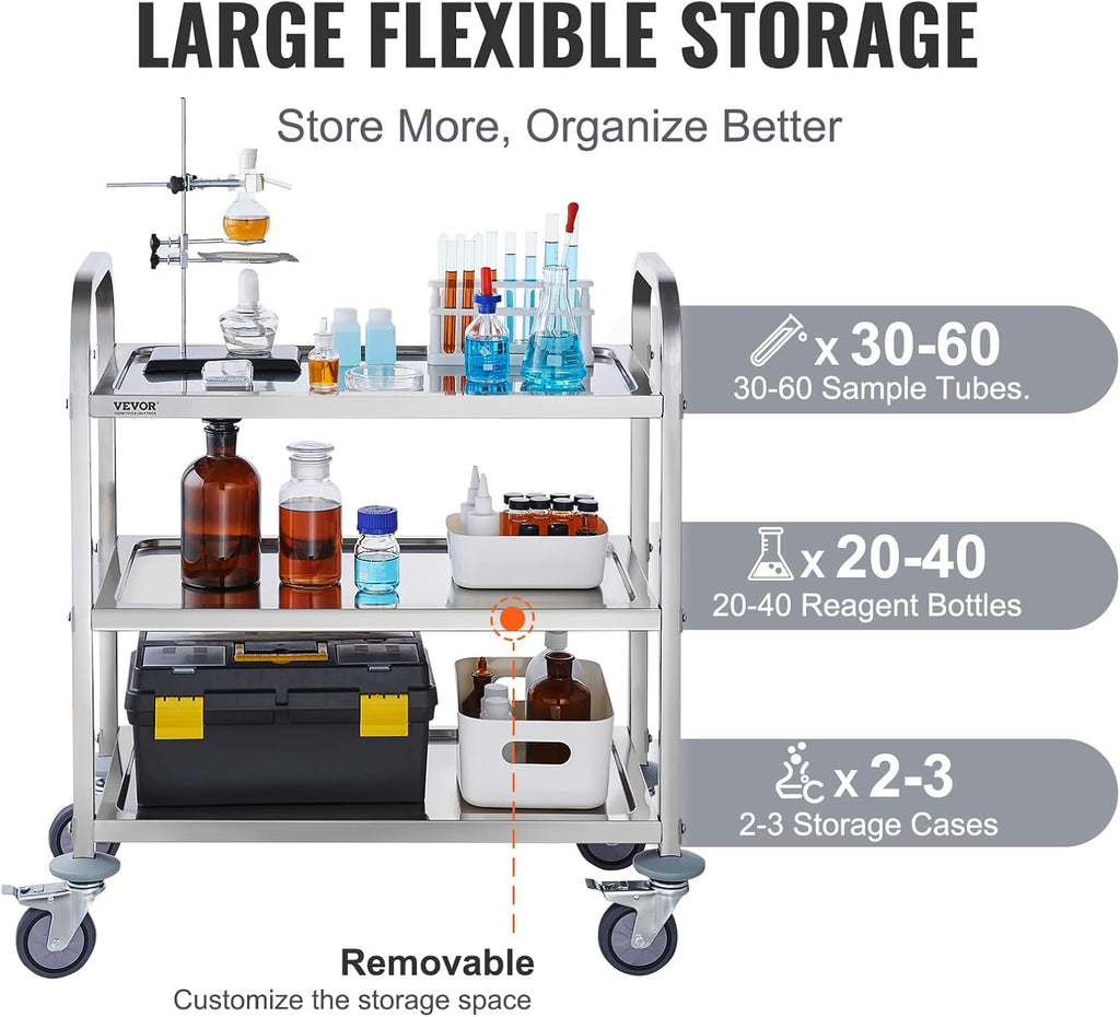 Lab Utility Cart, 220 lbs Capacity, 3 Shelves, Stainless Steel Frame D217890