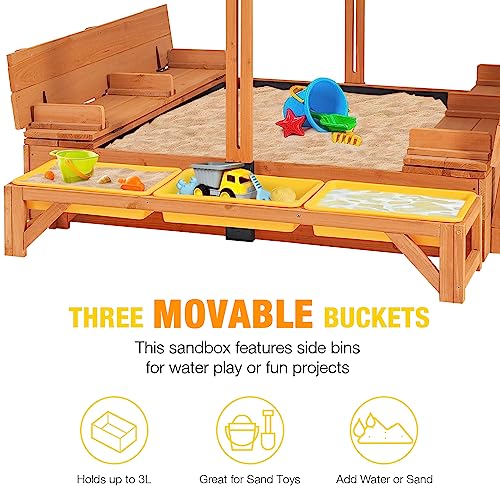 Kids Sandbox with Canopy, Foldable Bench Seats, Outdoor Wooden Playset H37656
