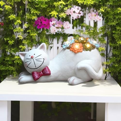 Solar Cat Statue Garden Decor for Yard Lawn J9481