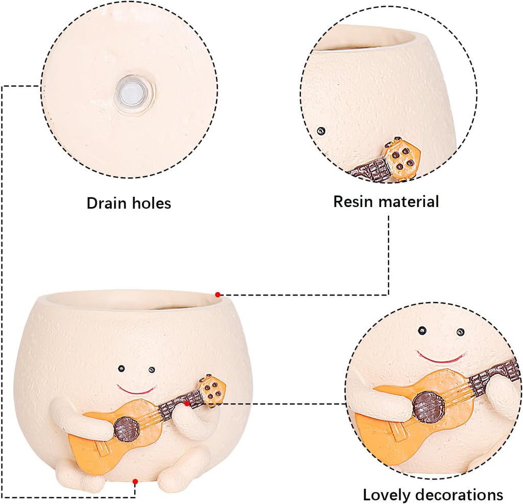 Smiley Guitar Face Planter Pots with Drainage Hole for Indoor Outdoor Plants B580