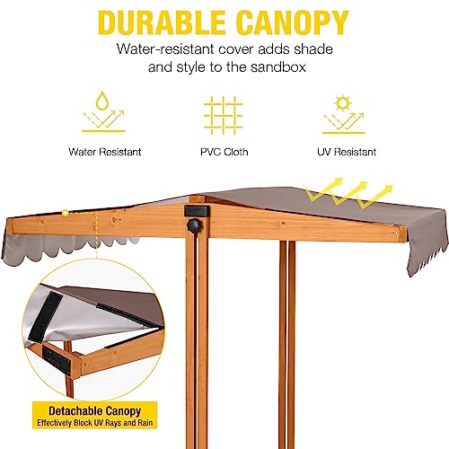 Kids Sandbox with Canopy, Foldable Bench Seats, Outdoor Wooden Playset H37656