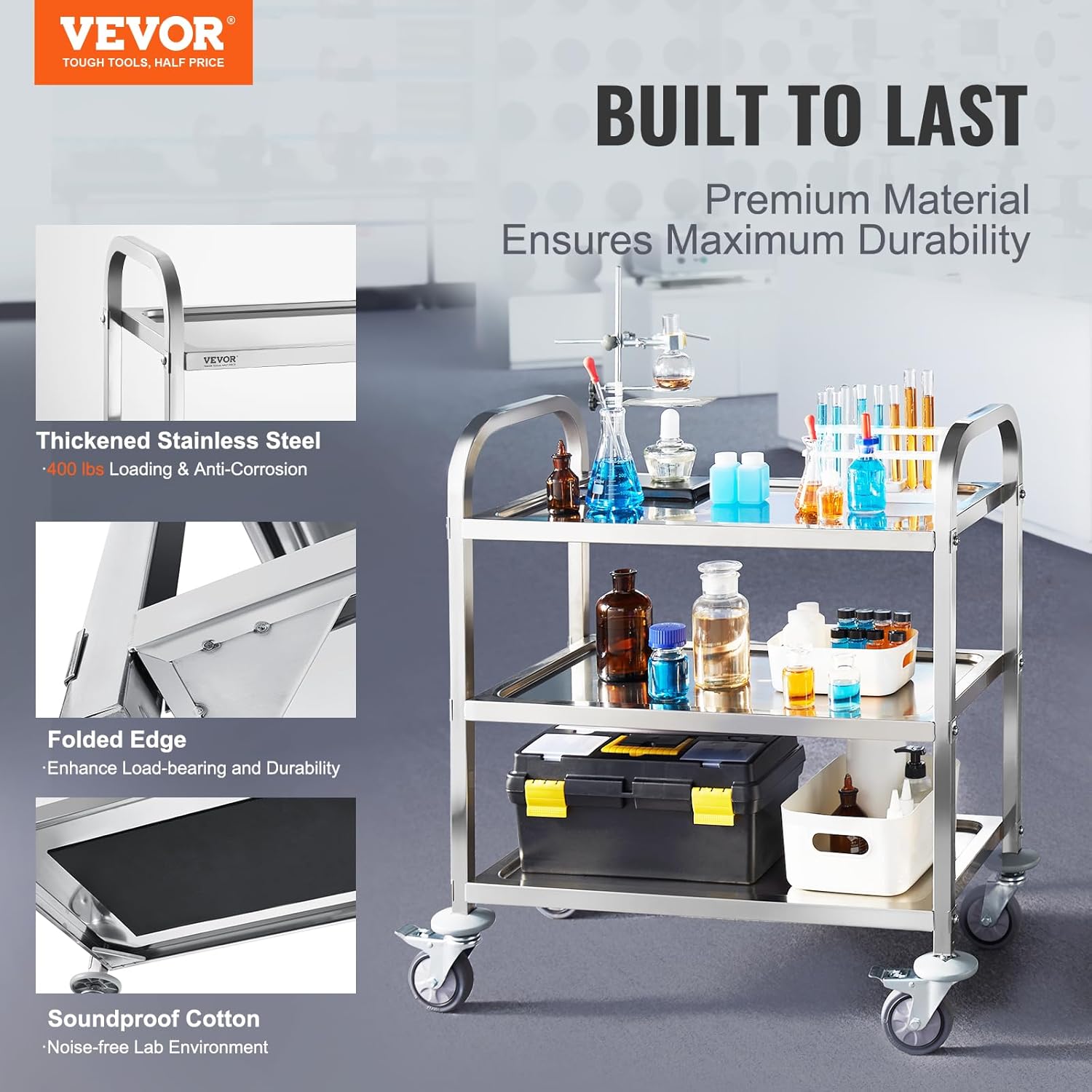 Lab Utility Cart, 220 lbs Capacity, 3 Shelves, Stainless Steel Frame D217890