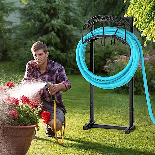 Garden Hose Holder Freestanding Heavy Duty Metal Detachable Outdoor Storage Rack, Black W5190