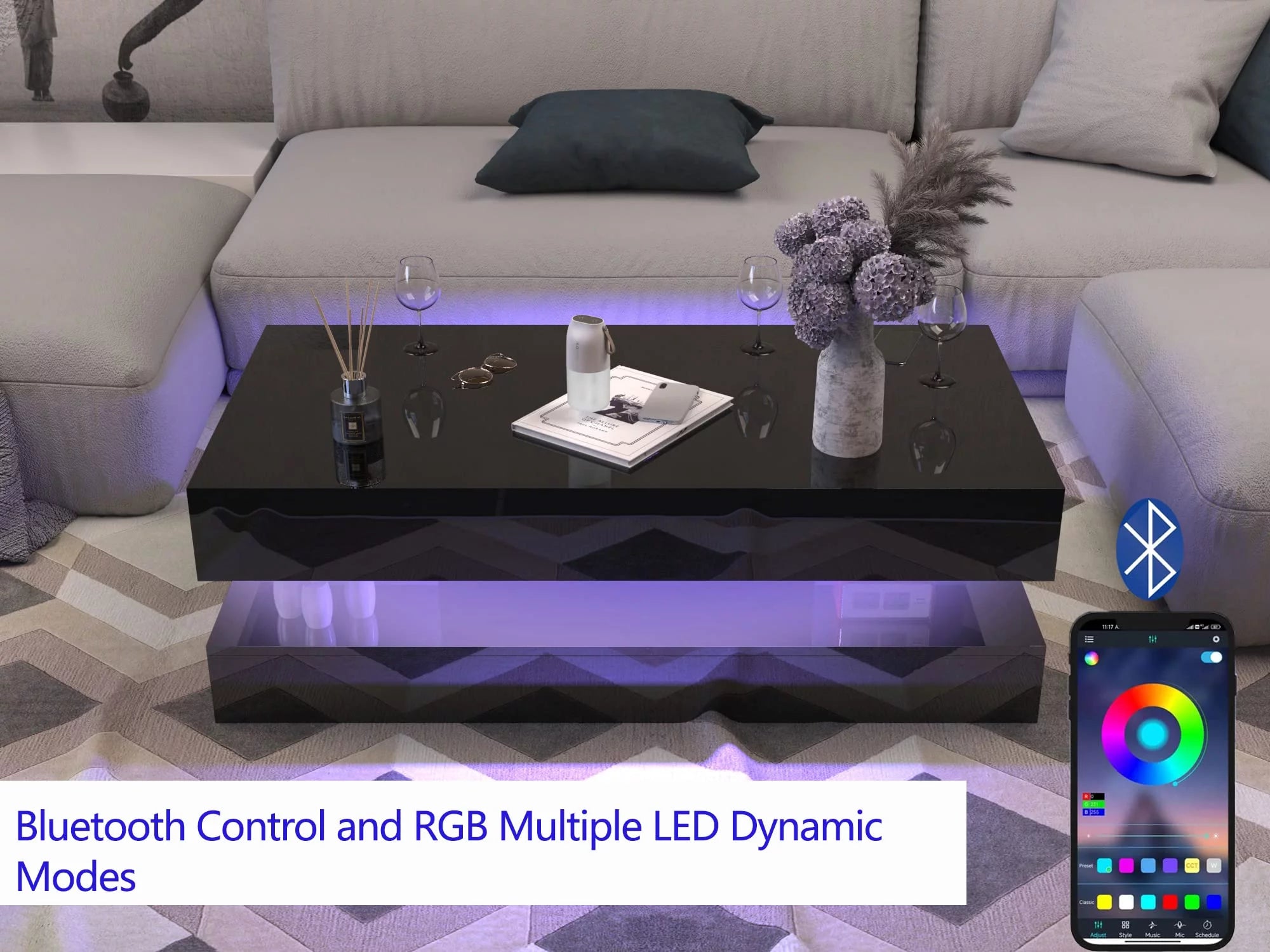 LED Coffee Table with 2 Storage Drawers, High Gloss Black, APP Control A69449