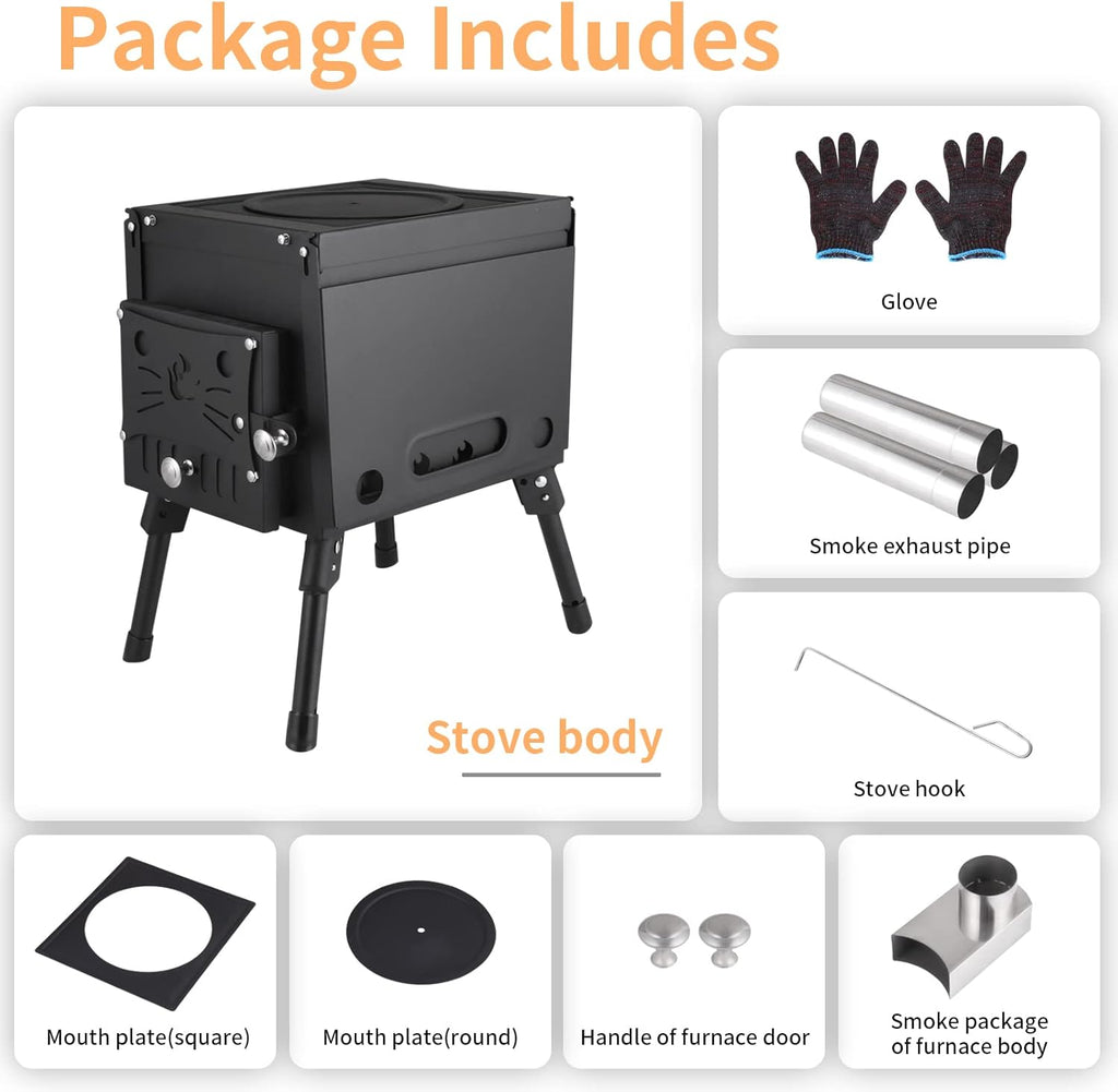 Portable Wood Burning Stove with Chimney Pipe for Tent Camping E956