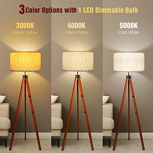 Wood Tripod Floor Lamp, 3 Color Temperatures, Tall Standing Lamp for Living Room Bedroom Office D4024