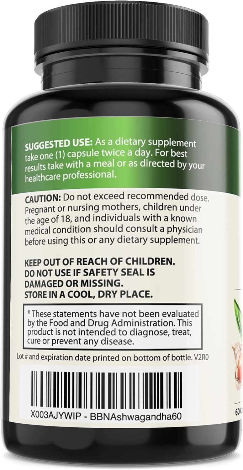 Ashwagandha with Black Pepper Supplement, Non-GMO, Gluten-Free, 60 Vegan Capsules F5710