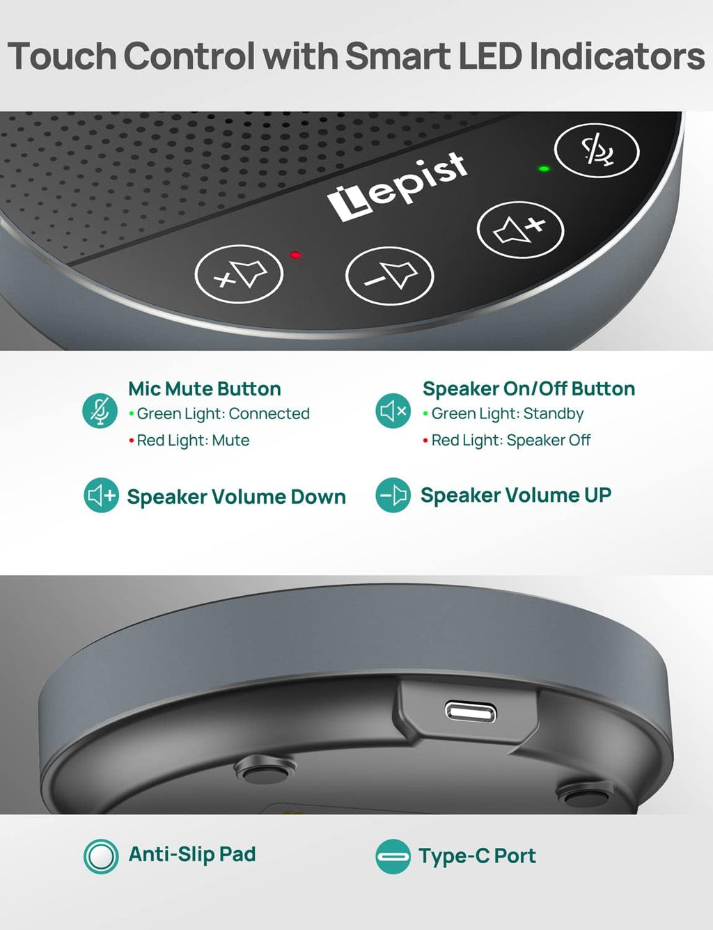 USB Speakerphone with Microphone for Conference Calls, 360° Voice Pickup T62862