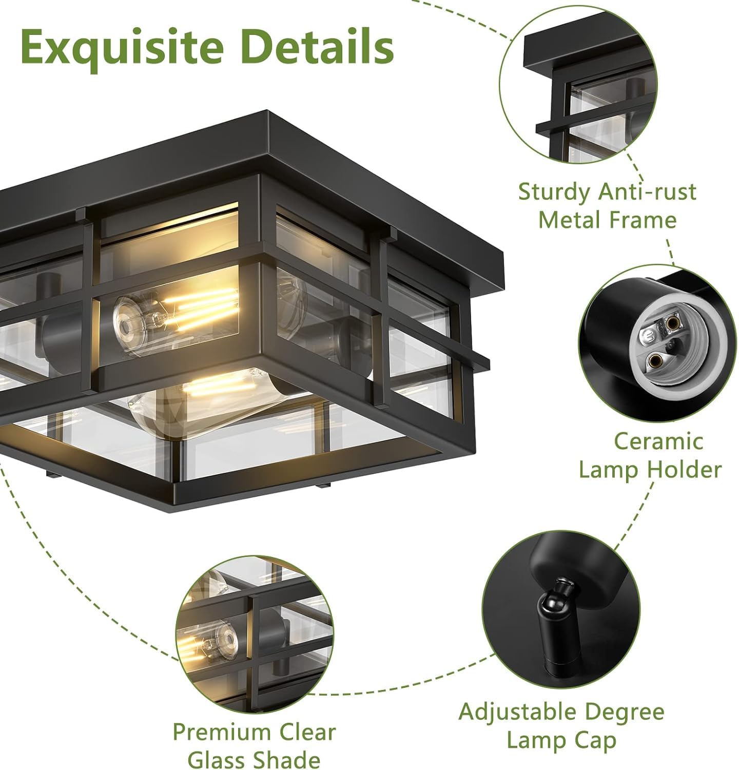Modern Outdoor Ceiling Light Fixtures, 2-Light Black Flush Mount with Clear Glass Shade C16423