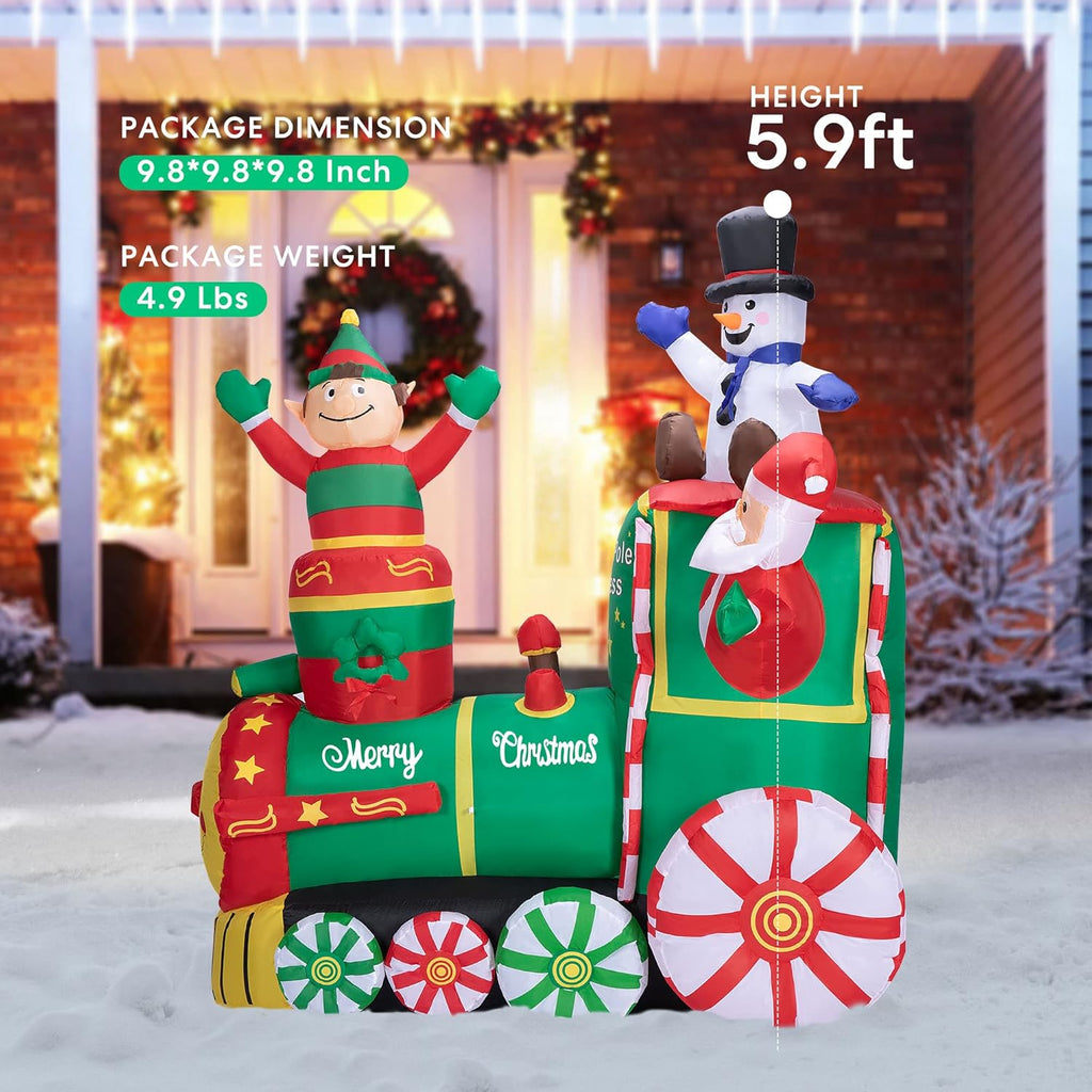 6ft Christmas Inflatable Santa on Train with Elf and Snowman LED Lights Outdoor Decor K465