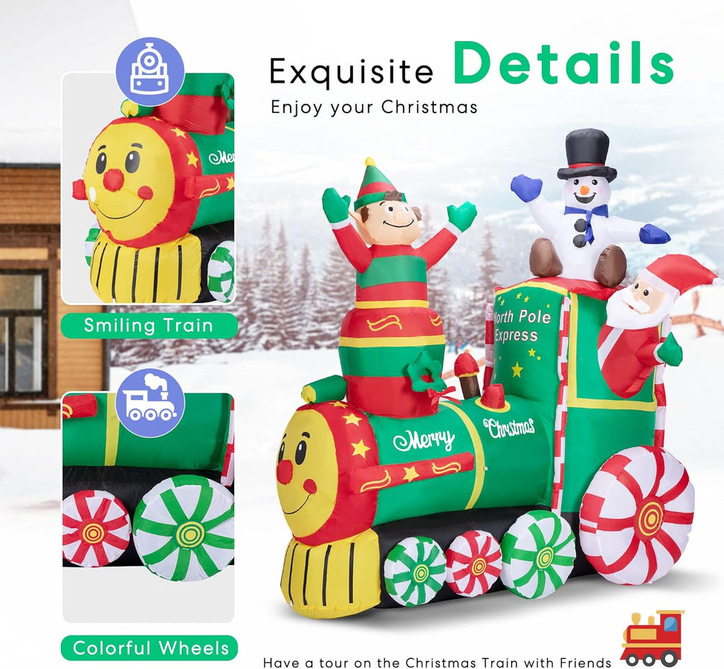 6ft Christmas Inflatable Santa on Train with Elf and Snowman LED Lights Outdoor Decor K465