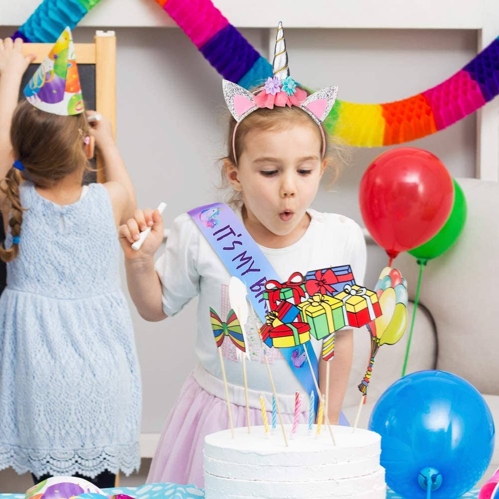 Unicorn Birthday Party Supplies Set with Headband and Sash, Silver O52009