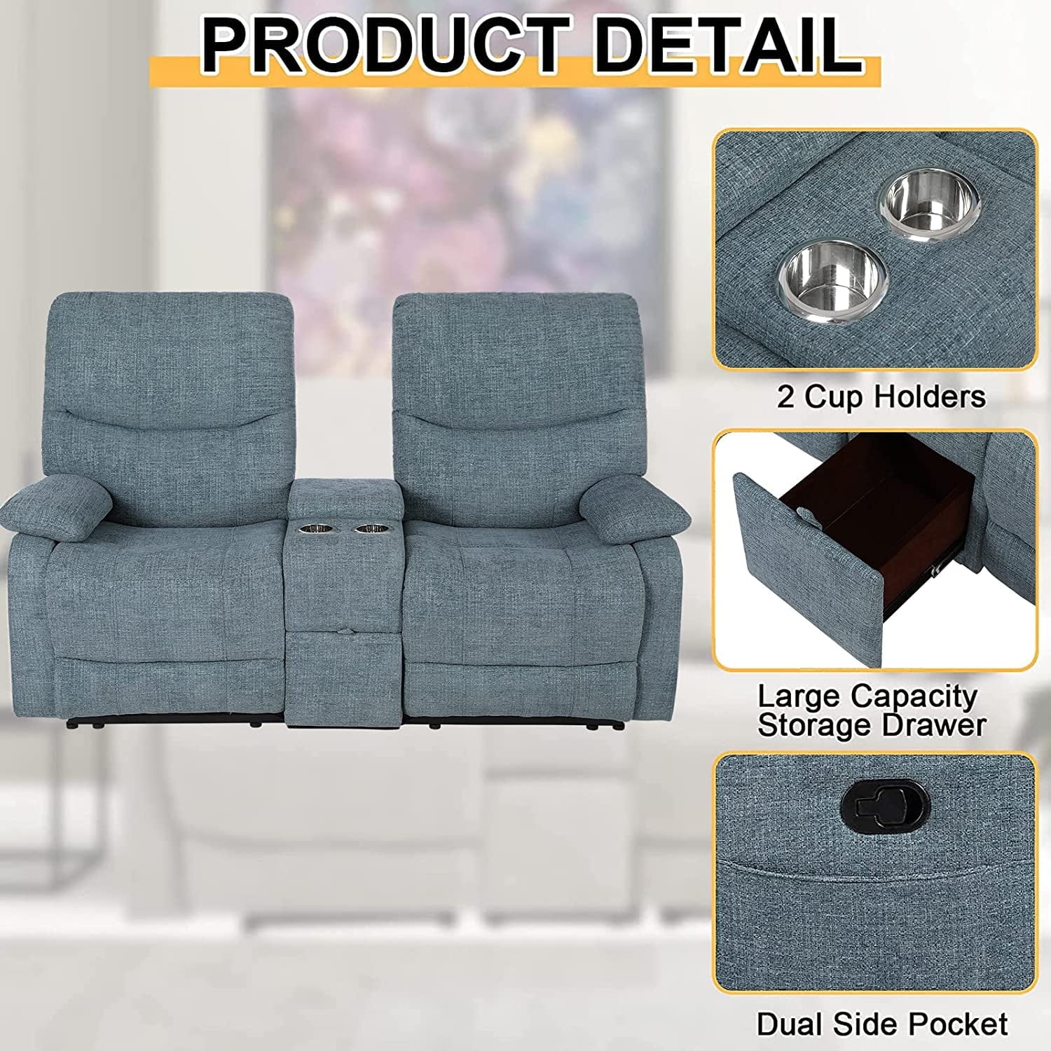Reclining Sofa with Console, 2 Seater Fabric Loveseat with Cup Holders W678915