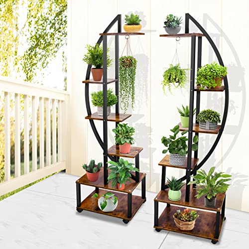 6 Tier Tall Metal Plant Stand with Hanging Loop, Half Moon Ladder Shelf for Indoor Outdoor Q5267