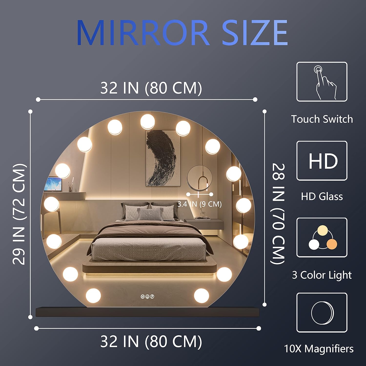 Vanity Mirror with Lights, 32" x 28", 10X Magnification, Touch Dimmable K9792